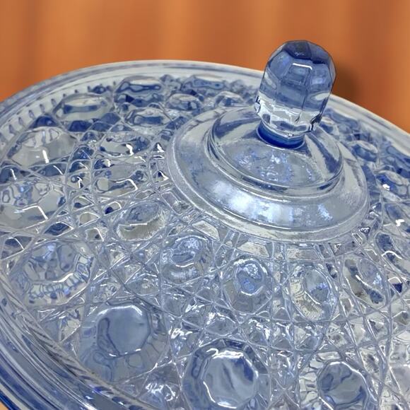 Vintage Indiana Glass Windsor Button & Cane Blue Candy Dish Bowl With Lid - Picture 4 of 7